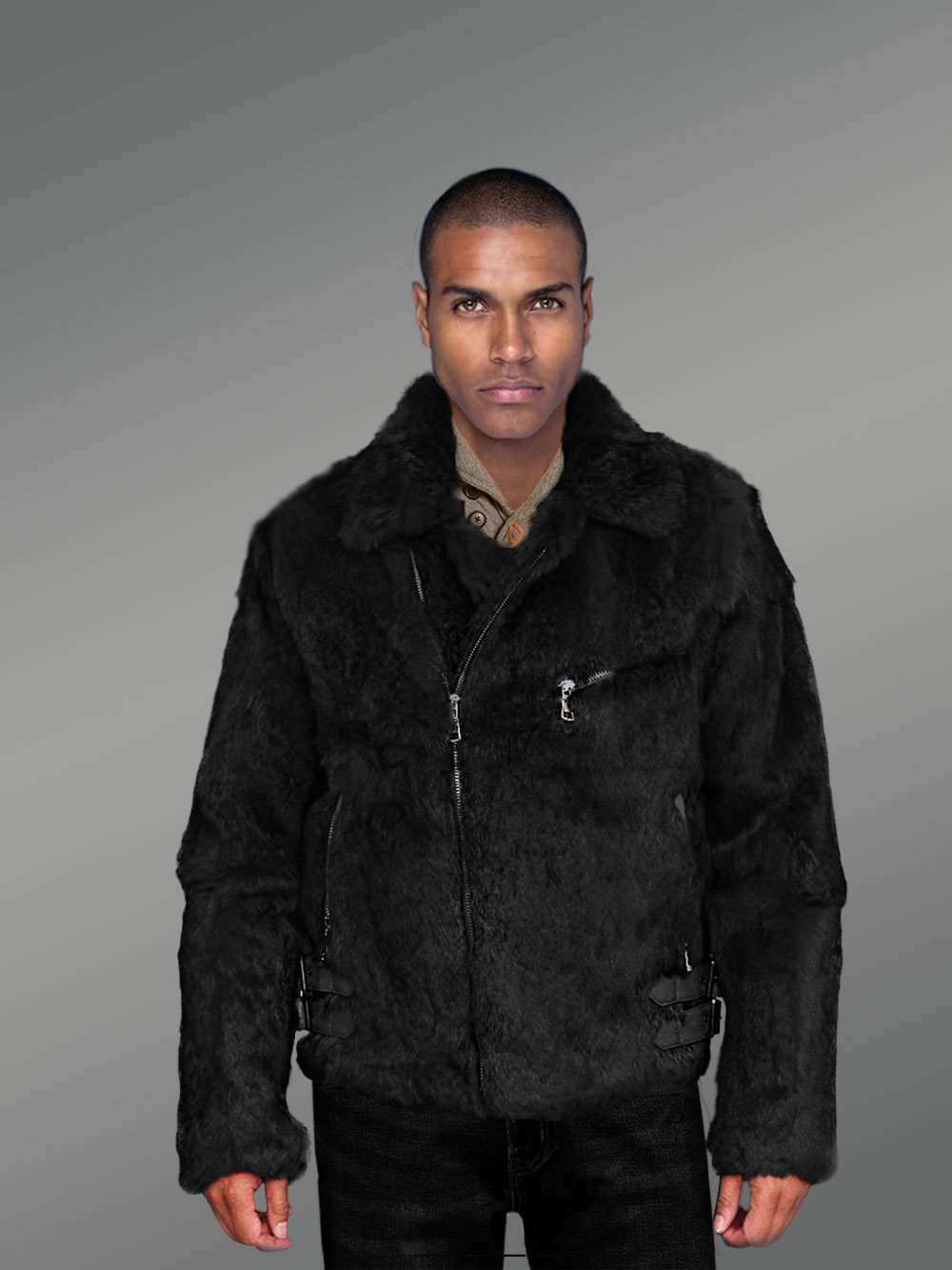 Rabbit Fur Bomber for Men with hood