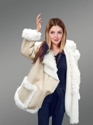 Sheepskin Shearling Coat for Women with White Fur Detailing