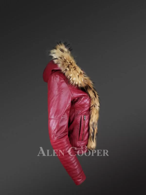 Raccoon Fur Trim Leather Jacket –A Hooded Chic Warm Wear - Image 4