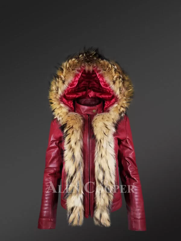 Raccoon Fur Trim Leather Jacket –A Hooded Chic Warm Wear - Image 2