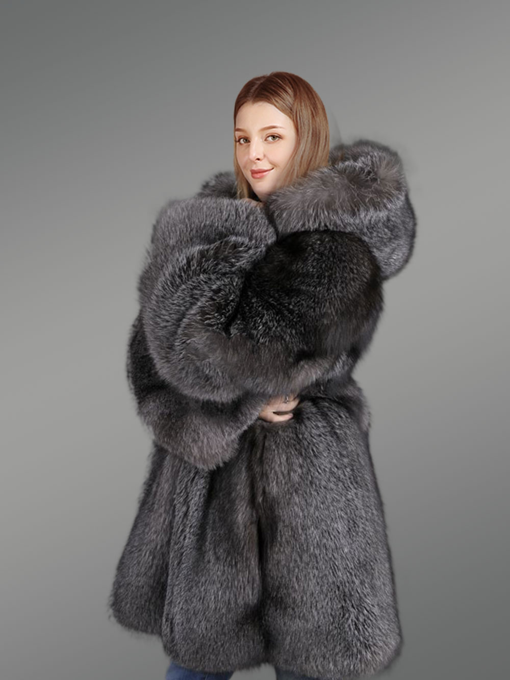 Slate Grey Fur Coat For Women