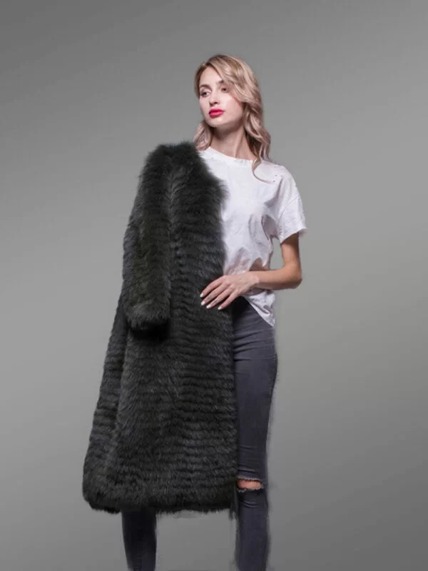 Super Stylish Long Real Fox Fur Black Winter Coat for Women