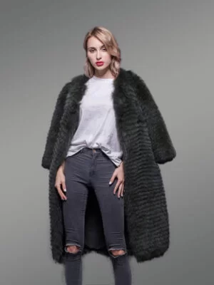 Super Stylish Long Real Fox Fur Black Winter Coat for Women