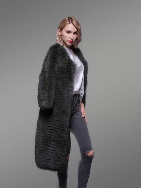 Super Stylish Long Real Fox Fur Black Winter Coat for Women