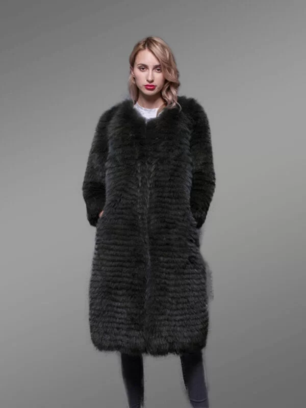 Super Stylish Long Real Fox Fur Black Winter Coat for Women