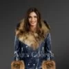 Women’s Leather Biker Jacket with Fox Fur Collar, Lapels and Cuffs