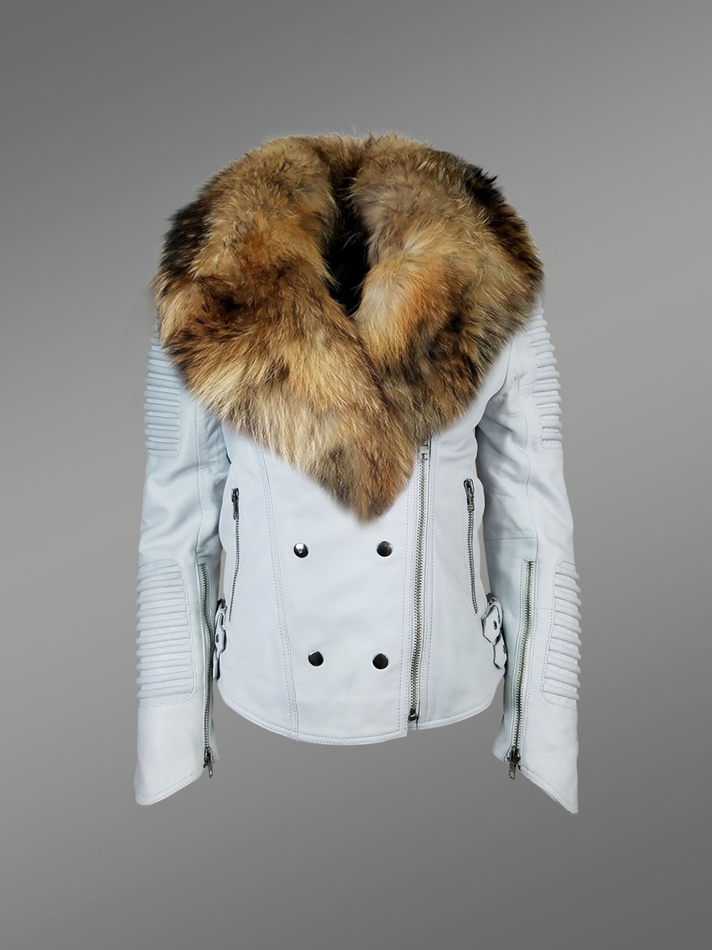 Women's Motorcycle Biker Jacket with Detachable Raccoon Fur Collar And