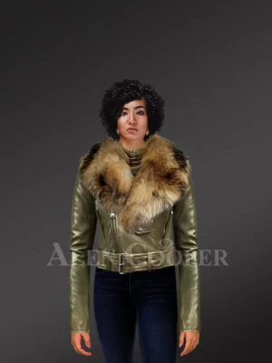 Womens-Short-Length-Moto-Jacket-with-Fur-in-Olive