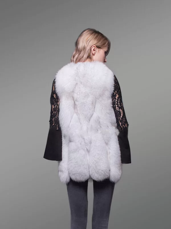 Women’s white mid-length genuine fox fur true warm winter vest