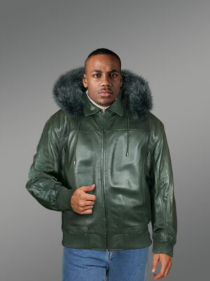Green Real Leather Bomber Styled Jacket with Hood