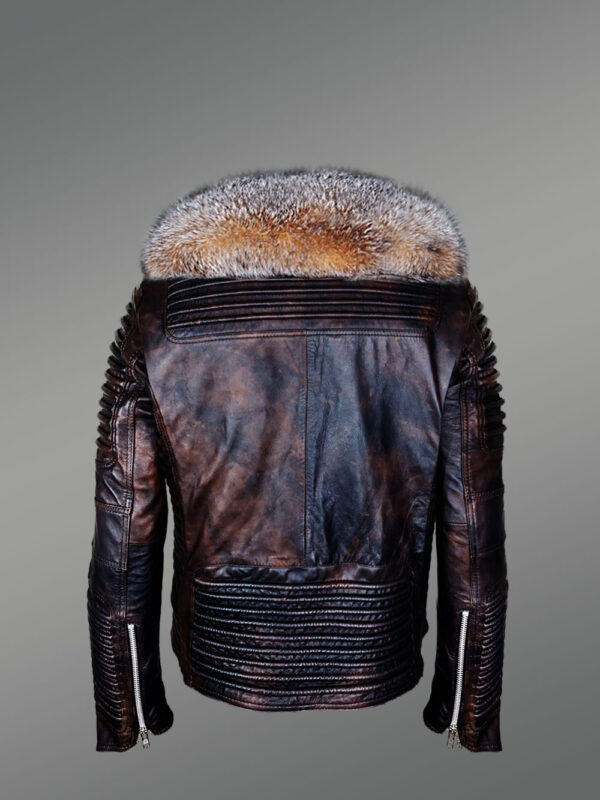Coffee Leather Jacket with Crystal Fox Fur Collar for Men - Image 4