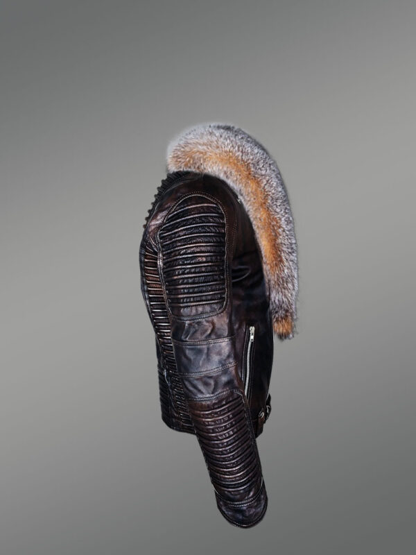 Coffee Leather Jacket with Crystal Fox Fur Collar for Men - Image 3