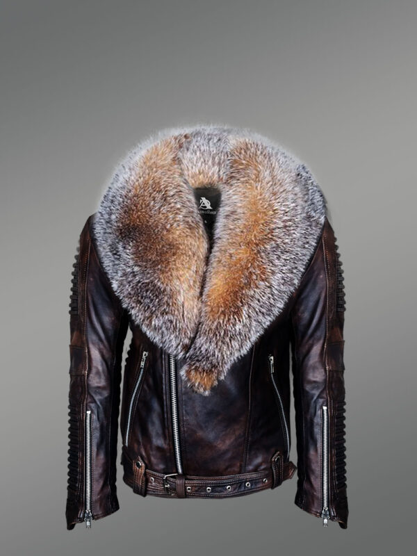 Coffee Leather Jacket with Crystal Fox Fur Collar for Men - Image 2