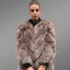 Brown Grey oversized fur mid-length coat for women