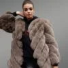 Brown Grey oversized fur mid-length coat for women