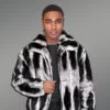 stripe real rabbit fur bomber jacket with wide stand up collar