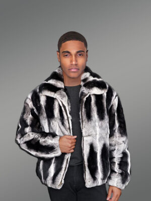 stripe real rabbit fur bomber jacket with wide stand up collar