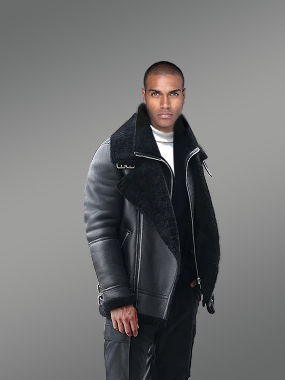 Sheepskin Shearling Jacket for Men in Black