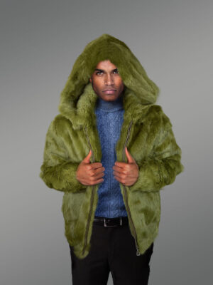 Olive Rabbit Fur Coat with Pure Satin Interior for Men