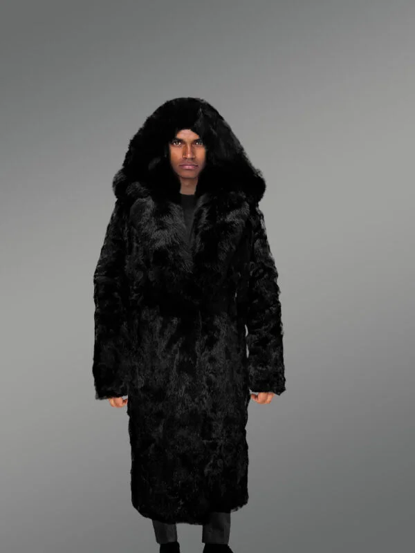 Full Length Black Authentic Rabbit Fur Coat with a Hood - Image 5