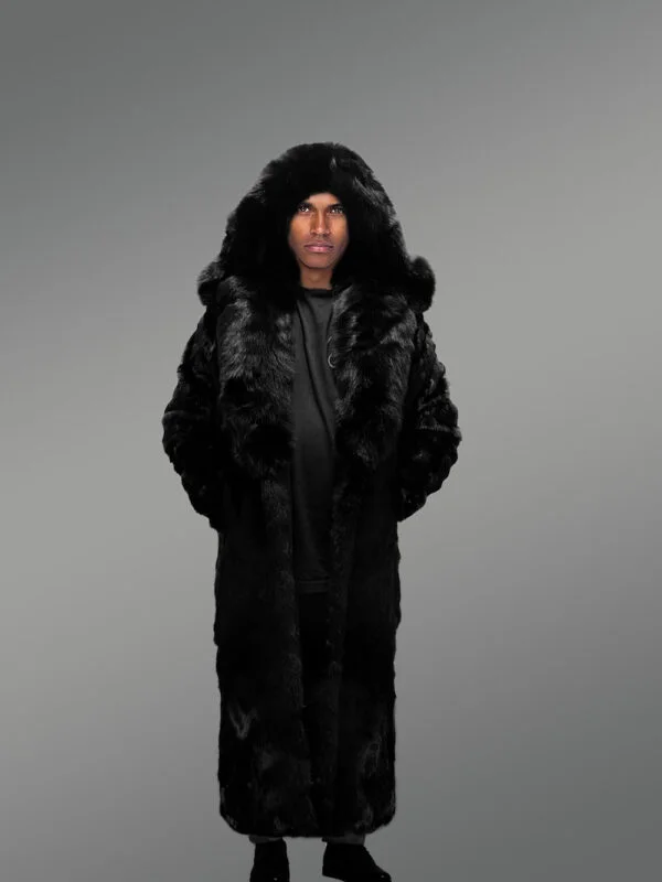 Full Length Black Authentic Rabbit Fur Coat with a Hood - Image 2