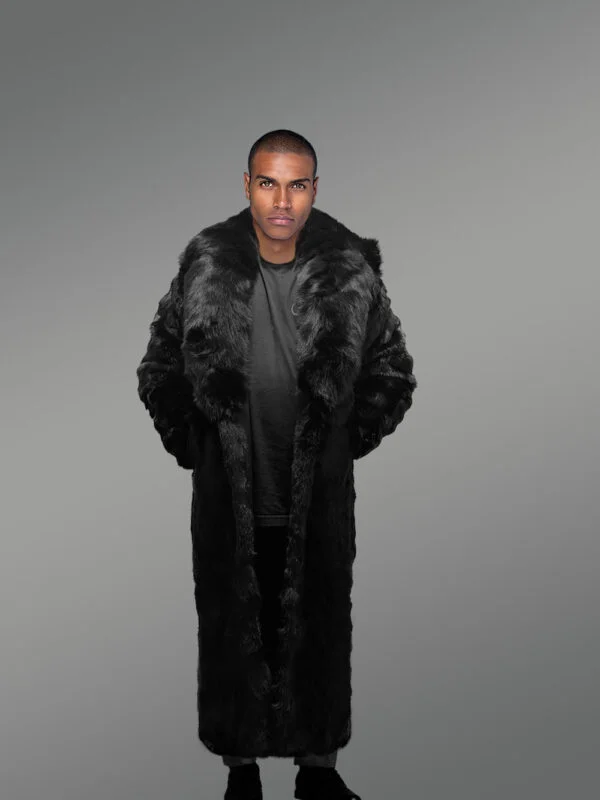 Full Length Black Authentic Rabbit Fur Coat with a Hood