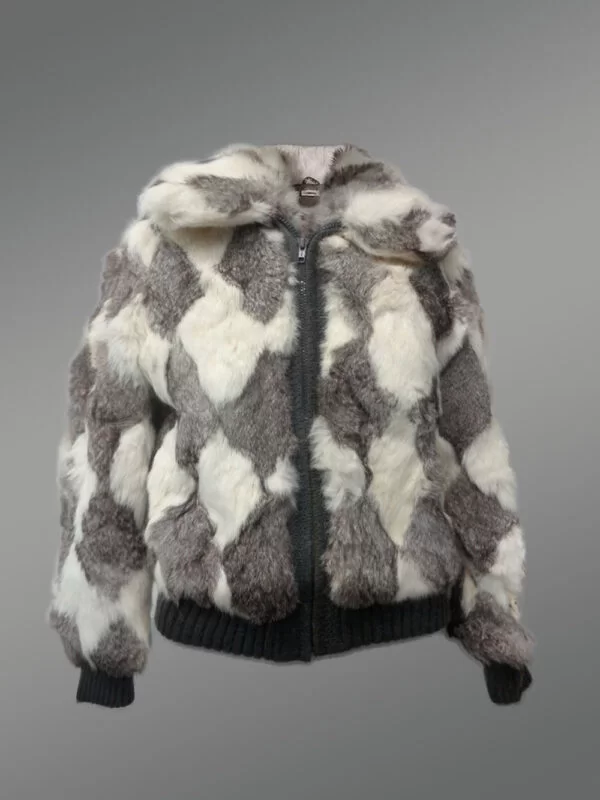 Geometric Rabbit Fur Bomber for Women front side view