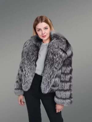 Women Lapel Collar Silver Fox fur Coat