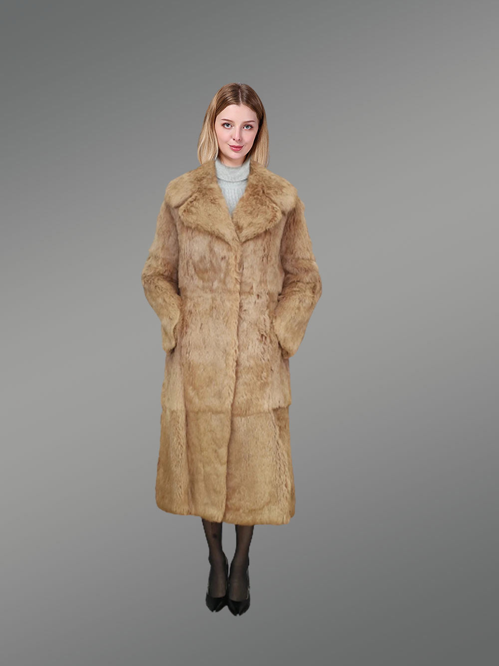 Long Dressy Rabbit Fur Coat in Brown