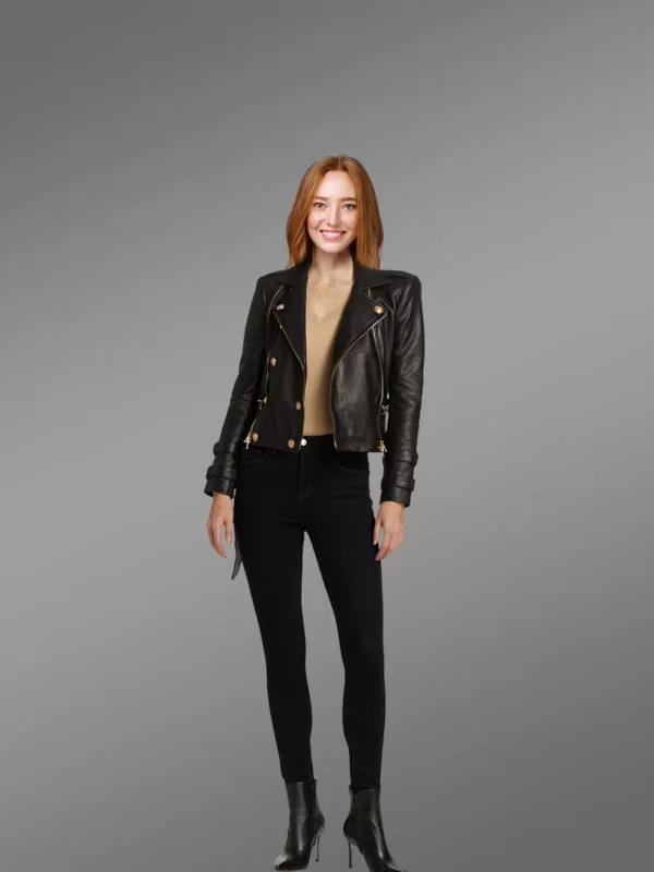 Crop Leather Moto Jacket with Belt in Black - Image 3