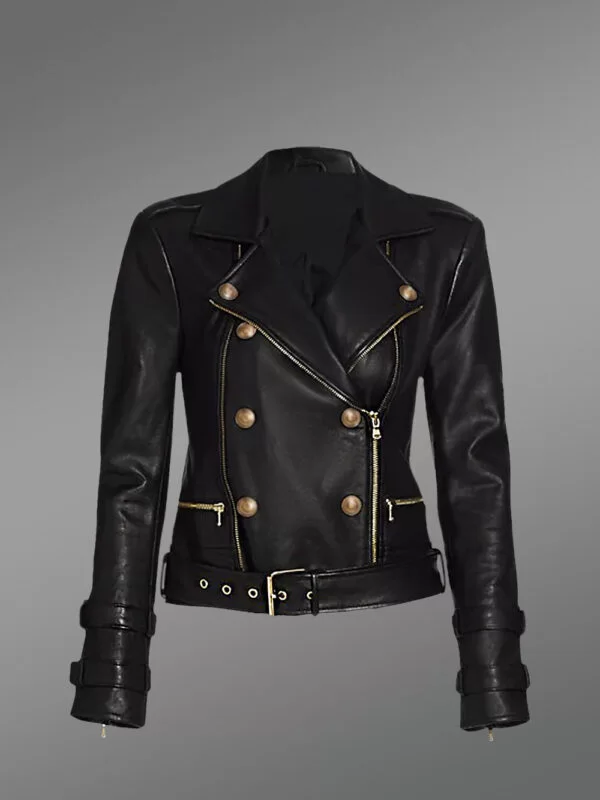 Crop Leather Moto Jacket with Belt in Black - Image 6