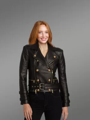 Crop Leather Moto Jacket with Belt in Black