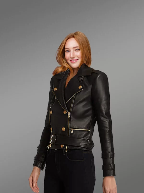 Crop Leather Moto Jacket with Belt in Black - Image 2