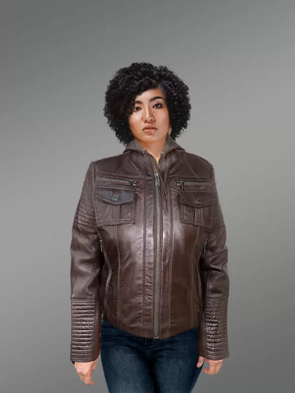 Hooded Motorcycle Leather Jacket for Women