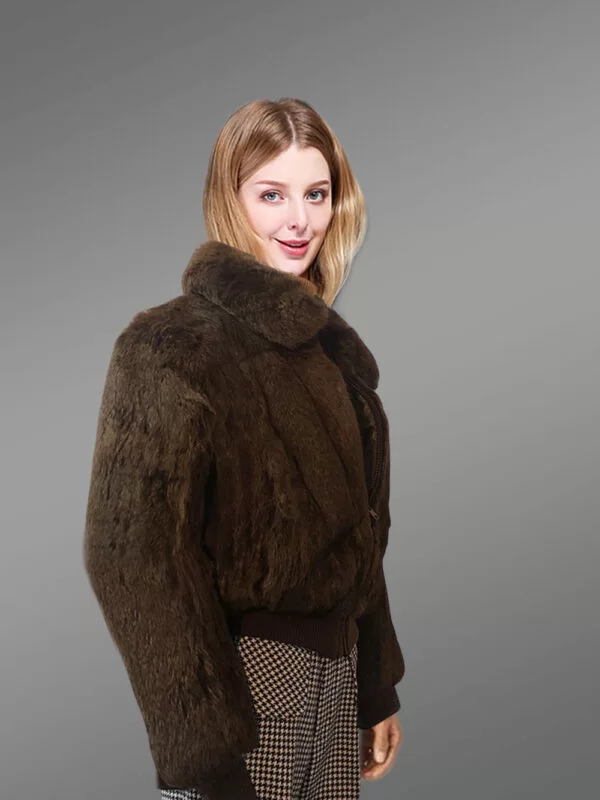 Stylish Real Rabbit Fur Bomber For Womens side view