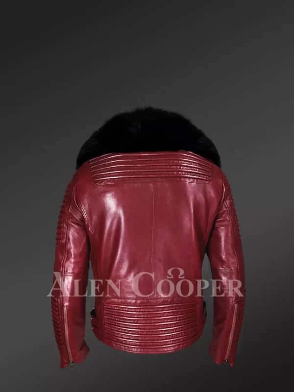 New-Mens-Wine-Color-Motorcycle-Biker-Jacket-with-Detachable-Fox-Fur-Collar