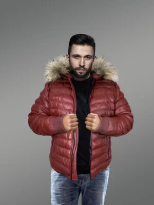 Puffer Leather Down Bomber with Raccoon Fur Hood