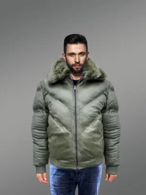 Olive Leather Bomber Jacket With Fur
