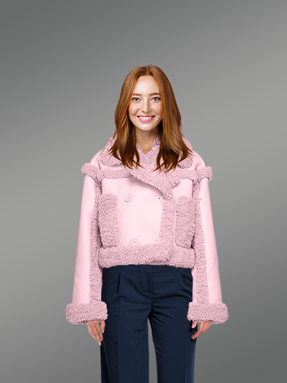 Shearling Double Breast Crop Jacket for Women in Pink