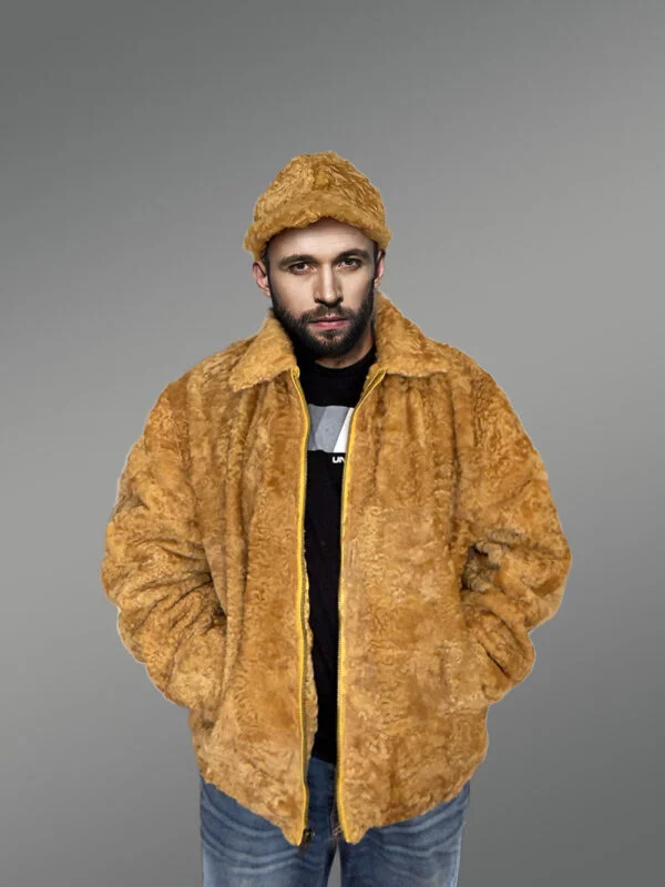 Persian Lamb Bomber Jacket with Hat in Dirty Yellow