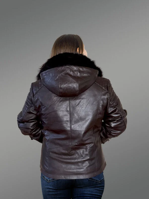 Womens Leather Jacket with Hood - Image 4