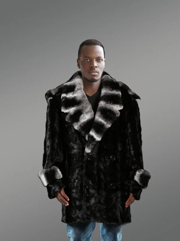 Mens stylish black mink coat with modish lapel of Rex Rabbit fur