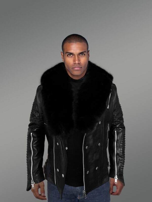 Men’s Biker Leather Jacket with Hood and Fox Fur Accents