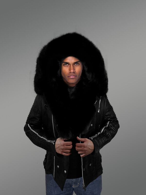 Men’s Biker Leather Jacket with Hood and Fox Fur Accents - Image 2