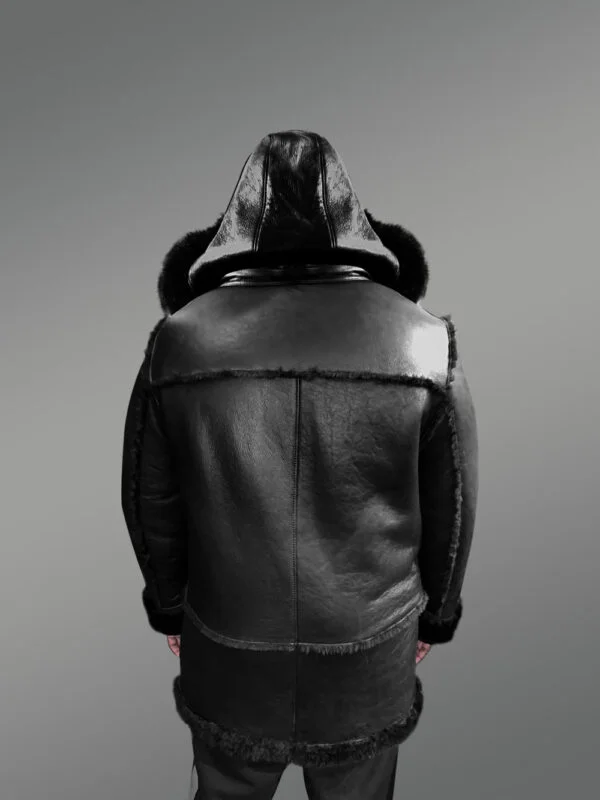 Men’s Mid Length Hooded Shearling Coat - Image 2