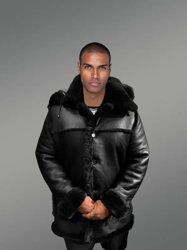 Men’s Mid Length Hooded Shearling Coat