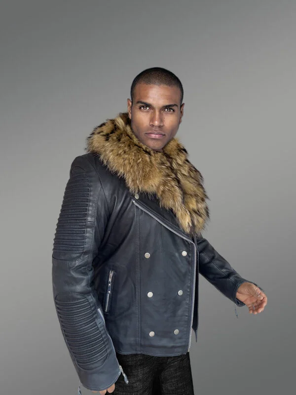 Mens Biker Jacket with Raccoon Collar Exuding Regal Warmth and Comfort - Image 2