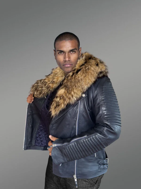 Mens Biker Jacket with Raccoon Collar Exuding Regal Warmth and Comfort - Image 3