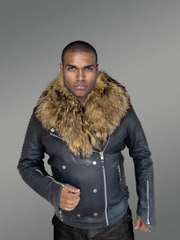 Mens Biker Jacket with Raccoon Collar Exuding Regal Warmth and Comfort