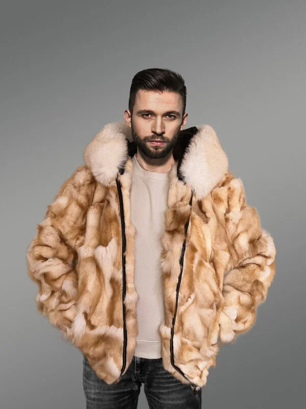 Men’s Whisky Gold Fox Fur Bomber with Hood